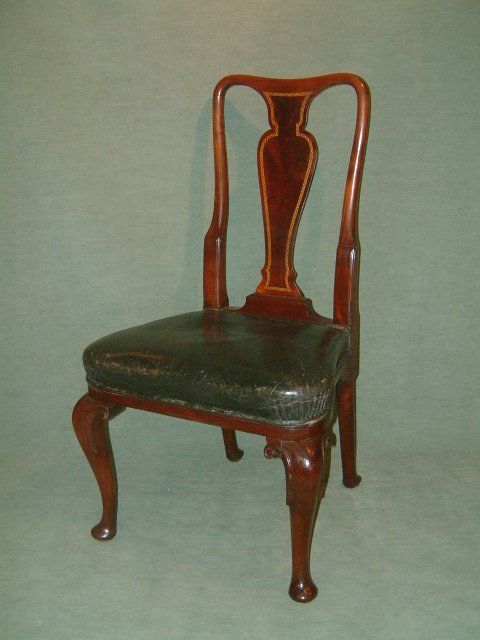 Set of 6 Mahogany Inlaid Queen Anne Style Edwardian Dining Chairs with Green Leather Seats