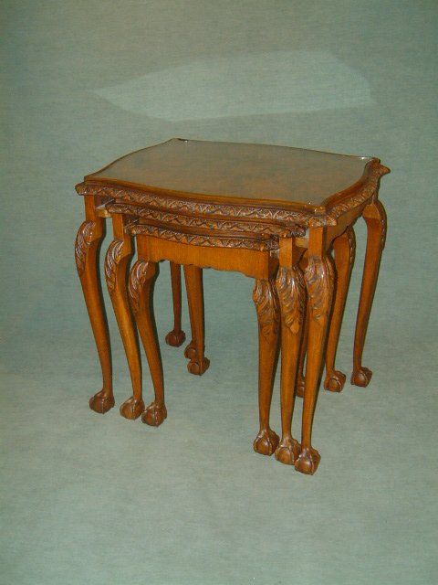 1920’S Nest of 3 Burr Walnut Tables with Carved Decoration.