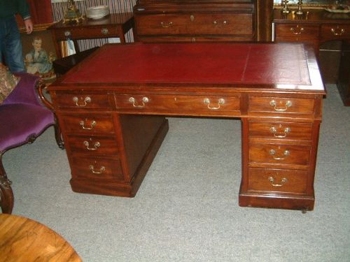 Edwardian Mahogany Partners Writing Desk with Red Leather & Gold Tooled Top
