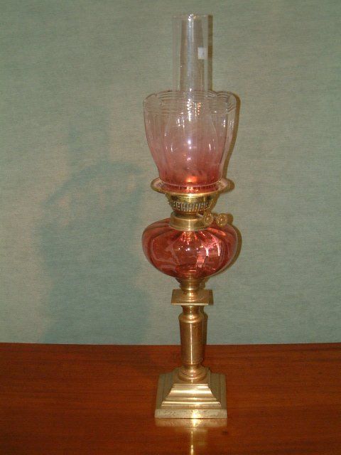 Victorian Cranberry Glass & Brass Oil Lamp