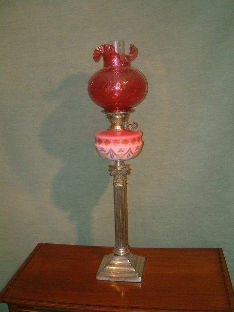 Victorian Cranberry Glass  Brass Corinthian Column Oil Lamp