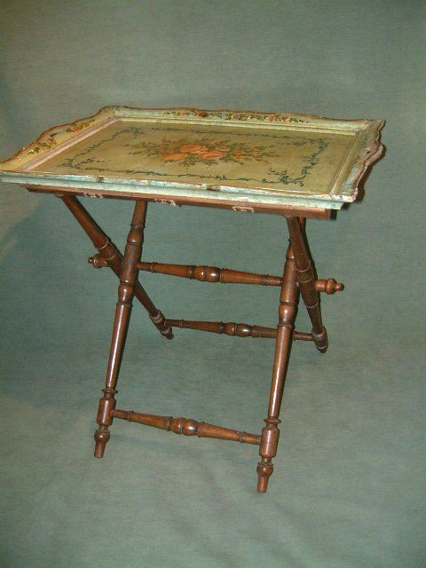 Edwardian Butlers Tray with Painted Floral Tray on Walnut Stand