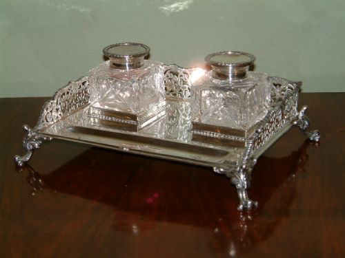 Edwardian Silver Inkstand with Cut Glass Bottles. Dated 1906