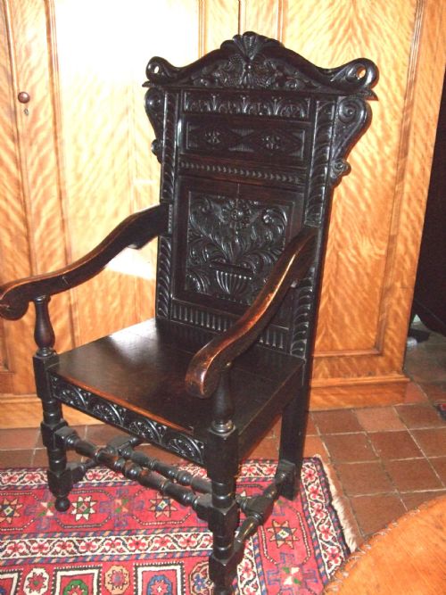 Victorian Oak Wainscot Chair with Carved Decoration