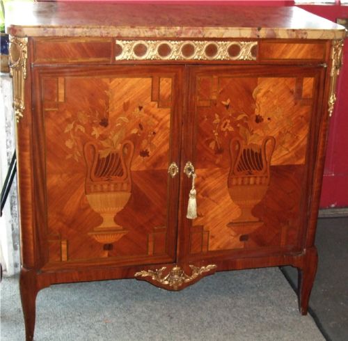 Inlaid Parquetry & Marquetry French Side Cabinet with Gilt Metal Mounts.