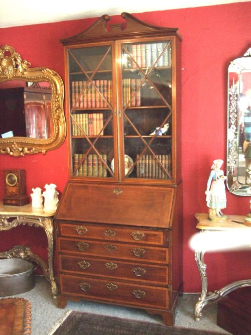 George 3rd Mahogany & Inlaid Glazed Bureau Bookcase with Swan Neck Pediment