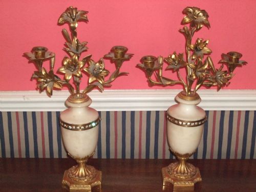 Pair of 19thc Gilt Metal & Alabaster Candelabra with Inset Crystals