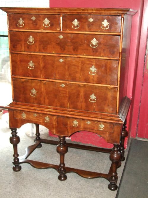 Early 18thc Yew Wood Oyster Veneered Oak Chest on Stand