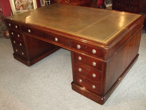 Victorian Mahogany Large Pedestal Partners Desk with Green Leather Top