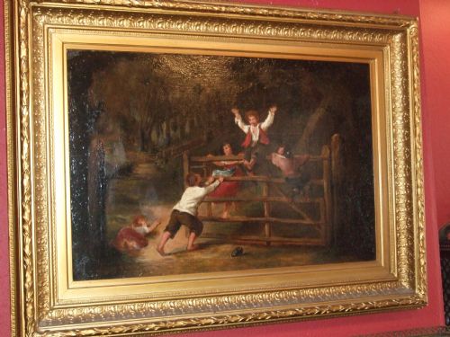 19th Oil Painting on Canvas in Gilt Frame, Woodland Scene of Children Playing on a Gate.