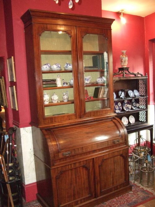 19th Century Mahogany Cylinder Bureau Bookcase