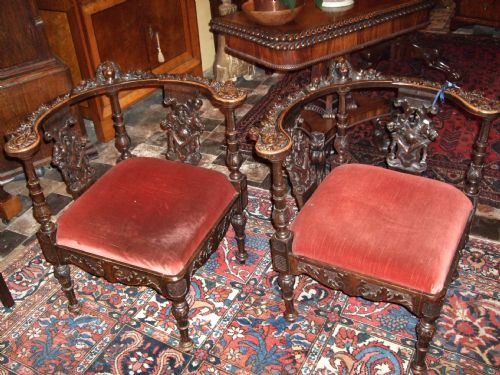 Fine Pair of 19thc  Italian Carved Walnut Renaissance Style Corner Chairs
