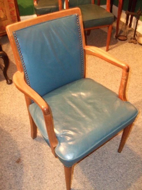 Set of 12 Art Deco Dining Chairs All with Arms Upholstered in Blue Leather
