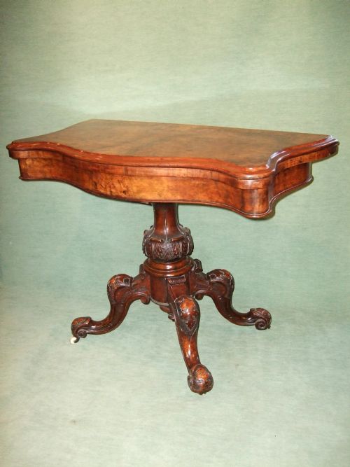 Victorian Burr Walnut Fold Over Card Table with Carved Pedestal