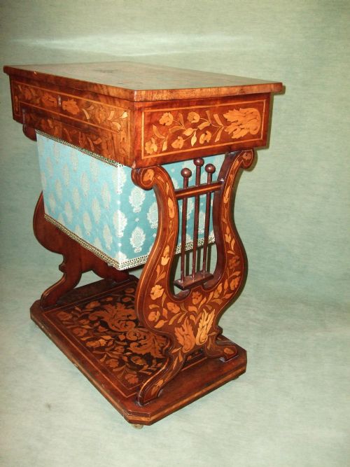 19thc Dutch Marquetry Mahogany Work Table with Lyre Ends