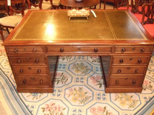 Superb 19thc Mahogany Partners Desk with Green & Gold Tooled Leather Top