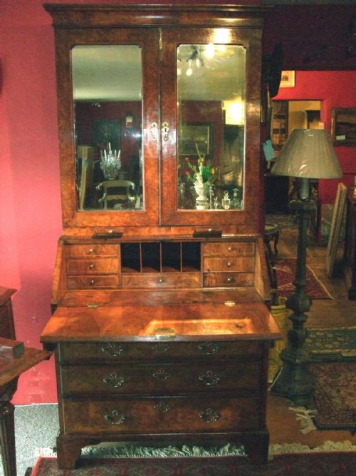 George 1st Period Walnut Bureau Bookcase with Candle Slides