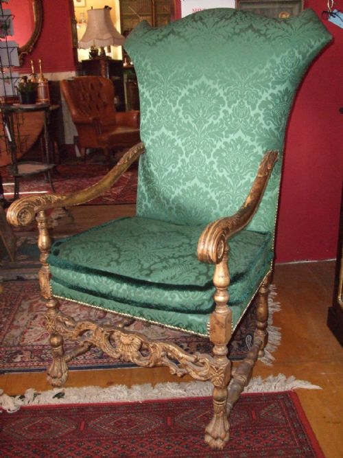 19thc Giltwood Upholstered Wing Throne Chair