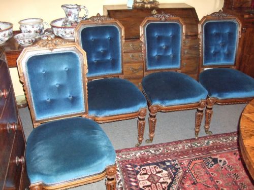 Set of 4 Victorian Carved Walnut Upholstered Chairs