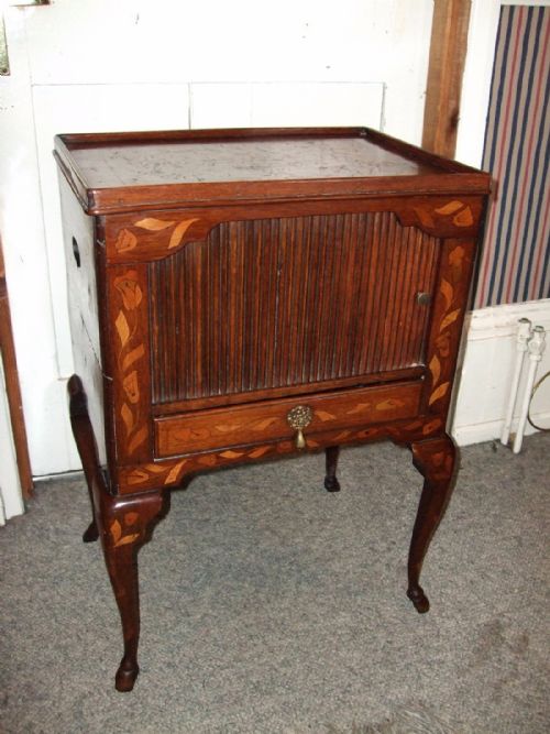 Fine Quality 19thc Dutch Marquetry
inlaid Mahogany Tambour Bedside Table with Drawer
