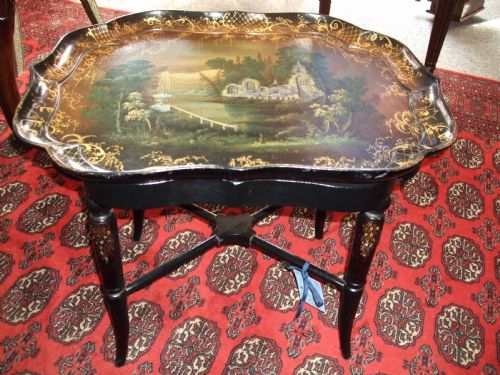 Victorian Papier Mache Tray Top Table with Mother of Pearl Inlay.