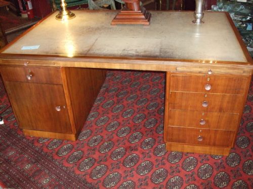 Art Deco Walnut  Pedestal Writing Desk with Original Cream Leather Patinated Writing Surface C.1930