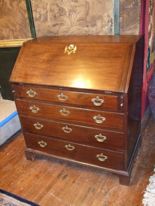 18thc Mahogany Bureau Original Brasses & Brass Inlaid Key Escutcheon