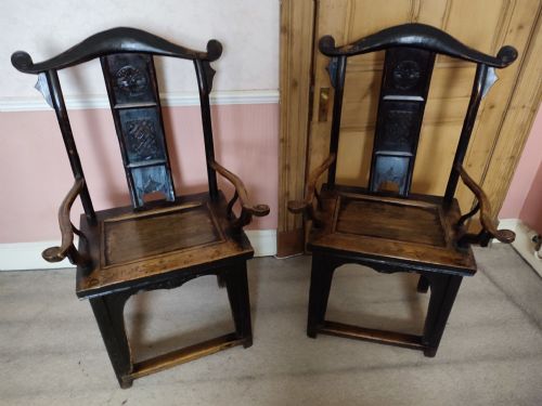 Pair of Early 19thc Elm Chinese Throne Chairs with Carved Back Splats.