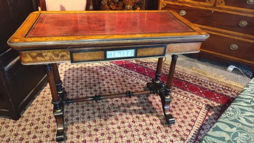 Fine Quality 19thc Aesthetic Movement Card Table with Exotic Woods & Wedgewood Plaque.