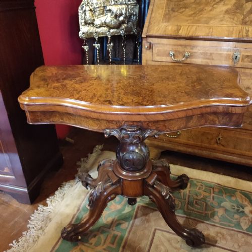 Superb Serpentine Mid Victorian Burr Walnut Card Table.