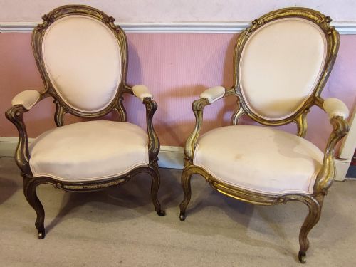 PAIR OF GILTWOOD ARM CHAIRS IN THE FRENCH MANNER 19THC