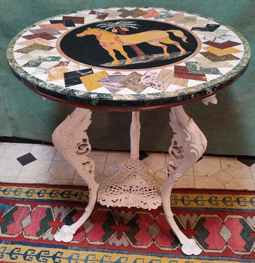 EDWARDIAN SPECIMEN MARBLE TOP CAST IRON TABLE