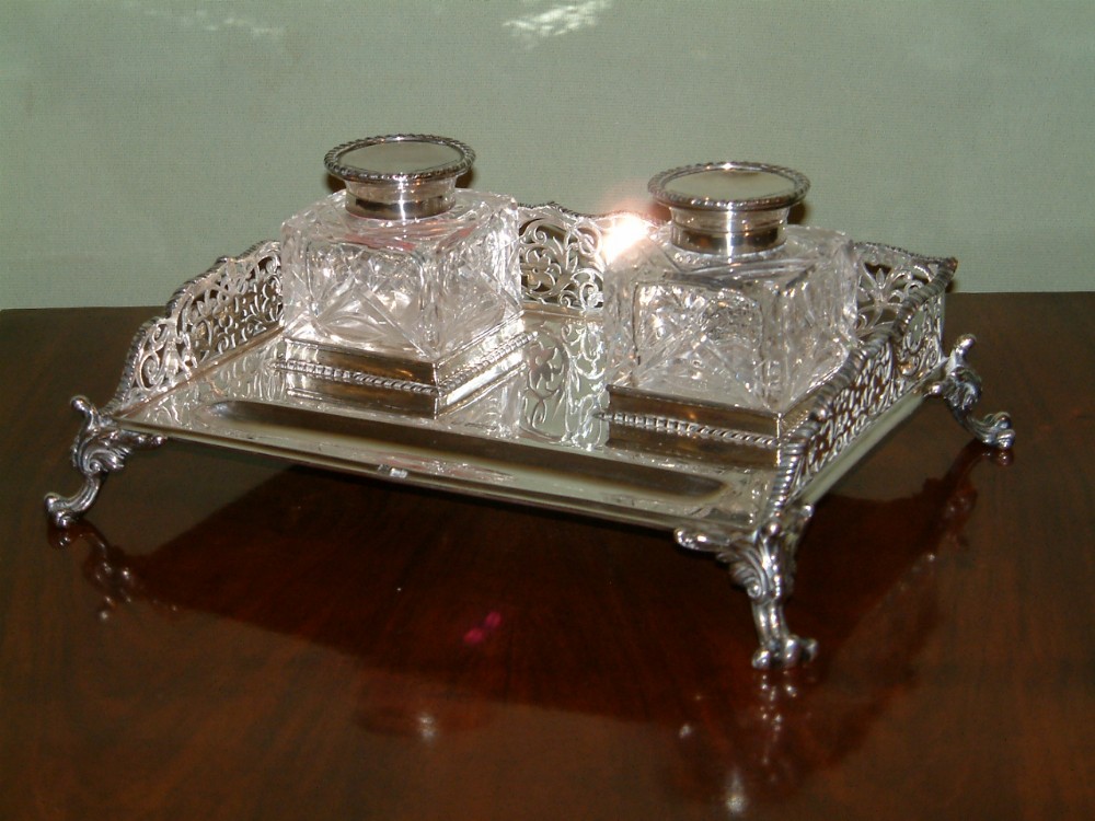 Edwardian Silver Inkstand with Cut Glass Bottles. Dated 1906