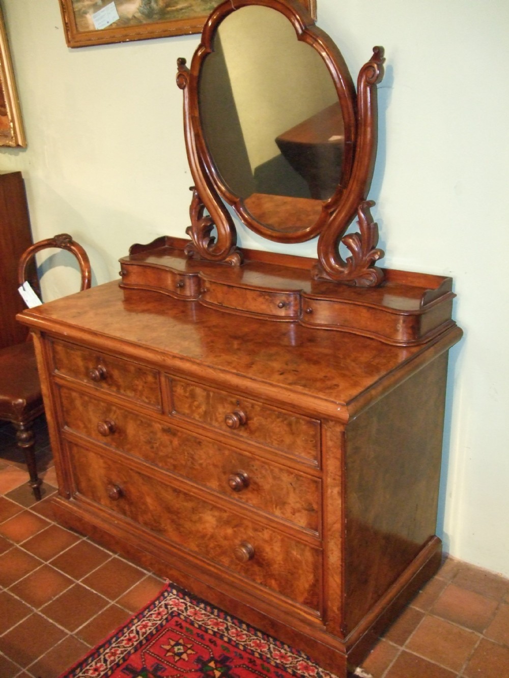 19th C Burr Walnut Dressing Chest with Mirror