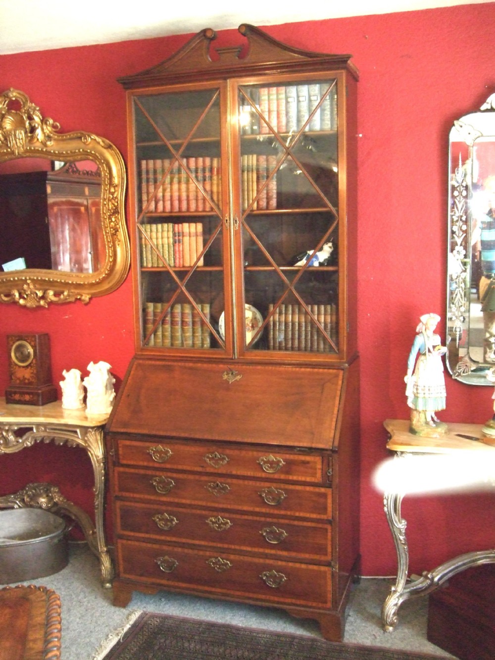 George 3rd Mahogany & Inlaid Glazed Bureau Bookcase with Swan Neck Pediment