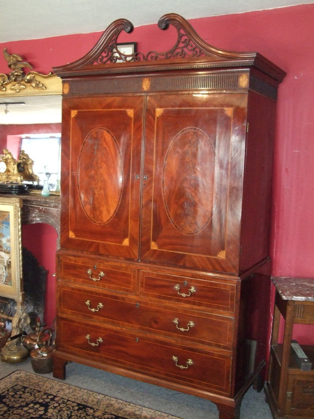 George 3rd Mahogany & Inlaid Linen Press with Swan Neck Pediment