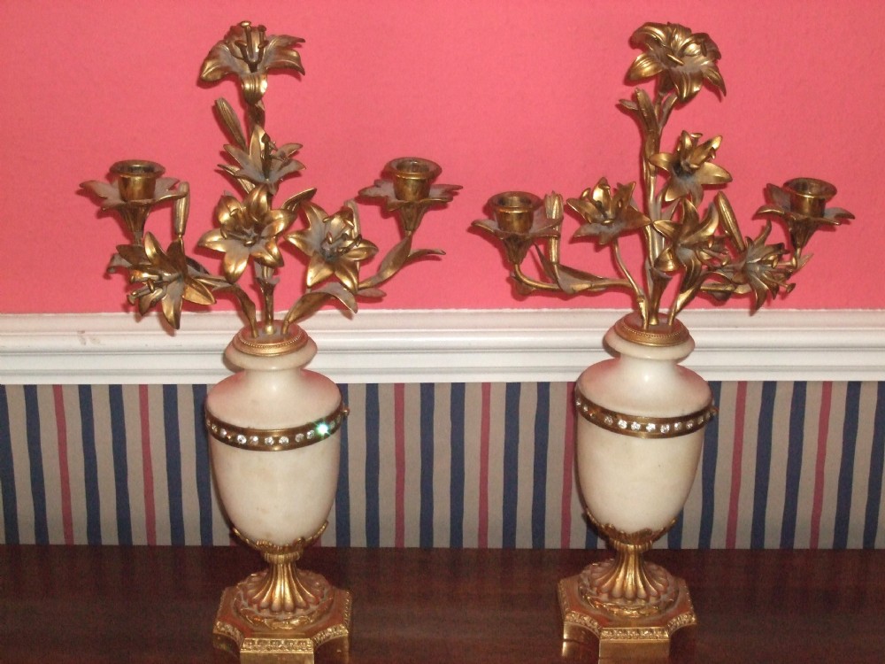 Pair of 19thC Gilt Metal & Alabaster Candelabra with Inset Crystals