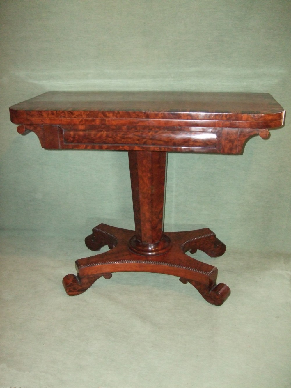 Regency Plum Pudding Mahogany with Calamander Banding Pedestal Card Table