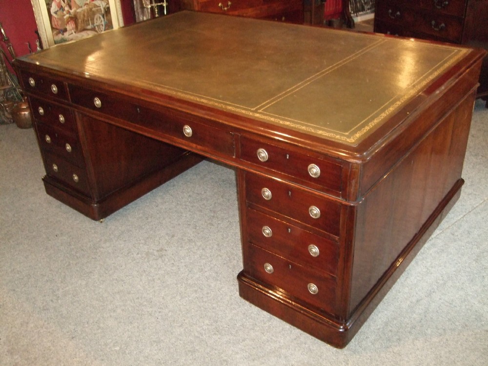  Victorian Mahogany Large Pedestal Partners Desk with Green Leather Top