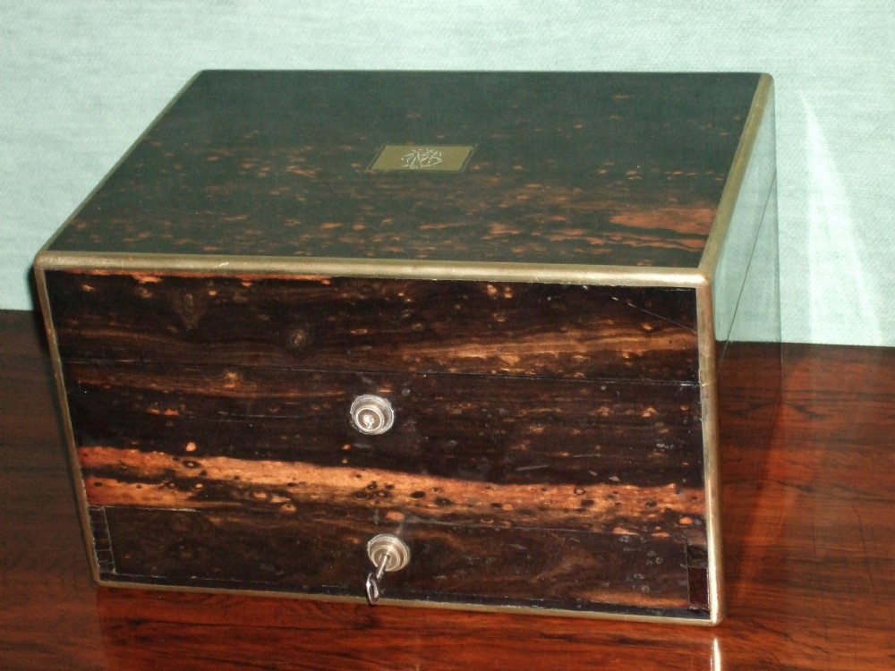 Victorian Coromandel Dressing & Jewel Box with Silver Top Bottles Dated 1866