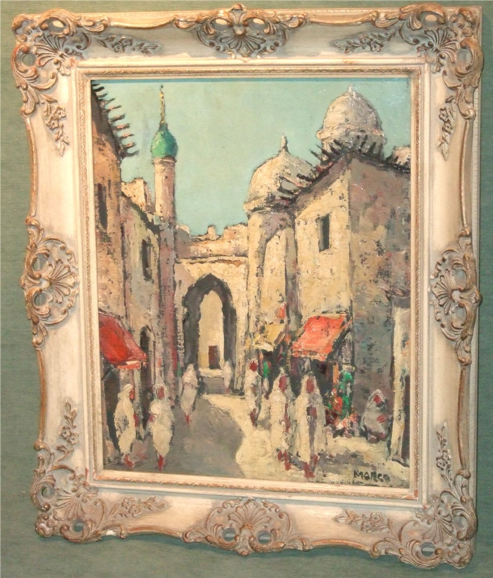 1930’s Oil on Canvas “Old Tangier”Signed: Marco and Inscribed in Pencil on Rear of Frame