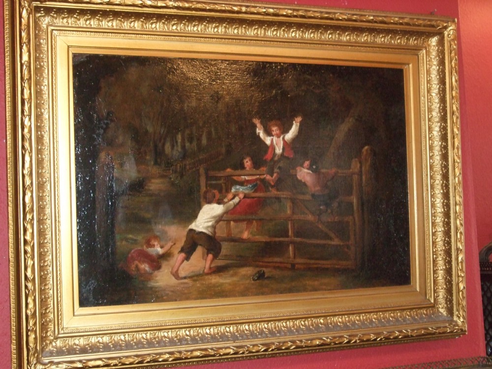 19th Oil Painting on Canvas in Gilt Frame, Woodland Scene of Children Playing on a Gate.