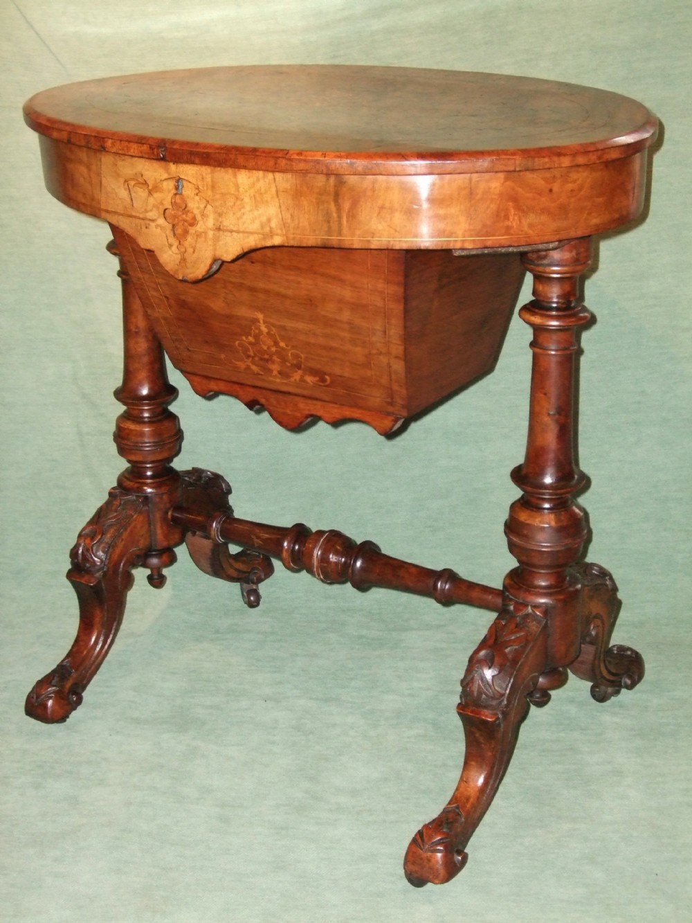 Victorian Burr walnut & Inlaid Work Table with Fine Inlaid Lines