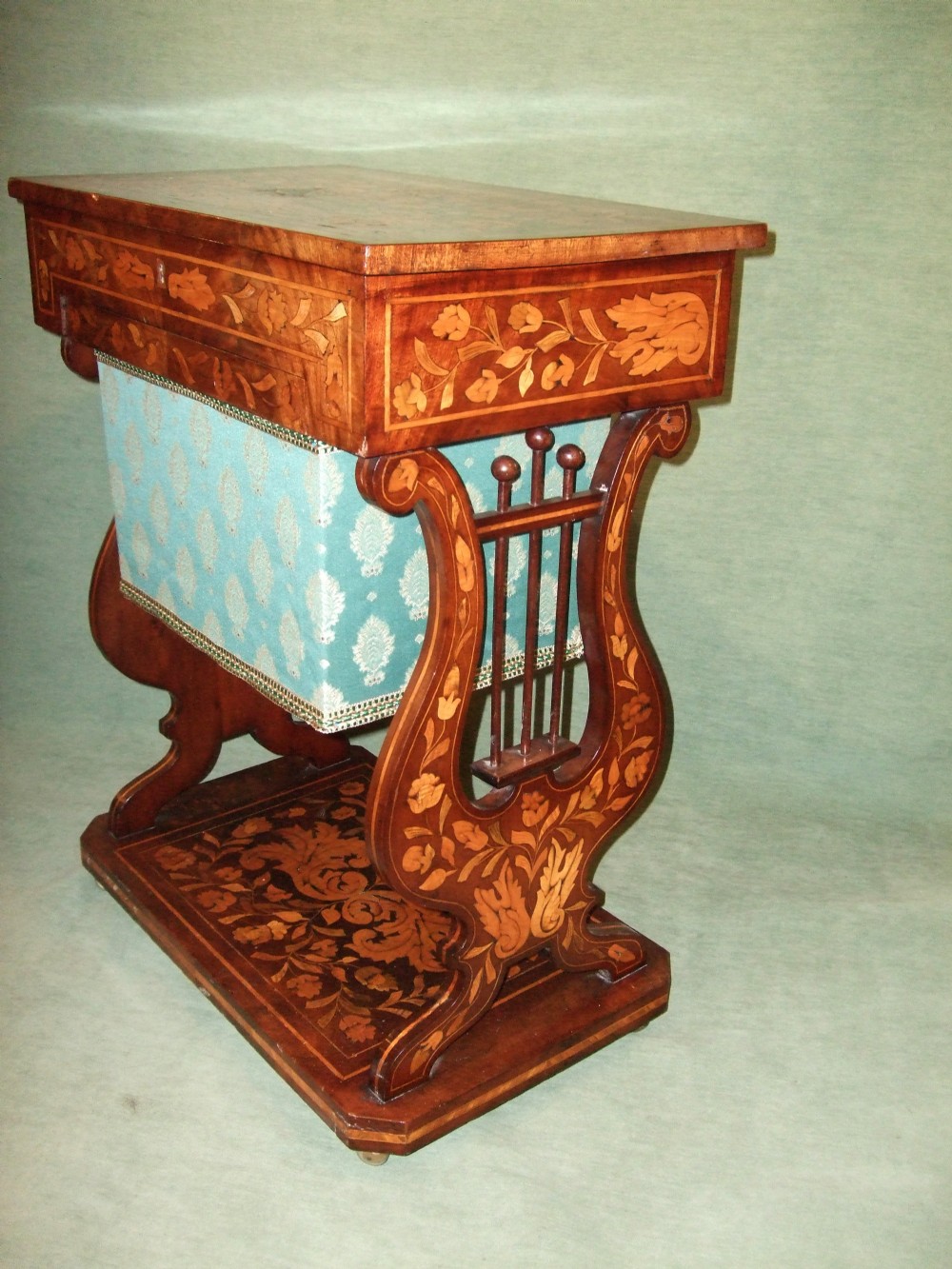 19thC Dutch Marquetry Mahogany Work Table with Lyre Ends