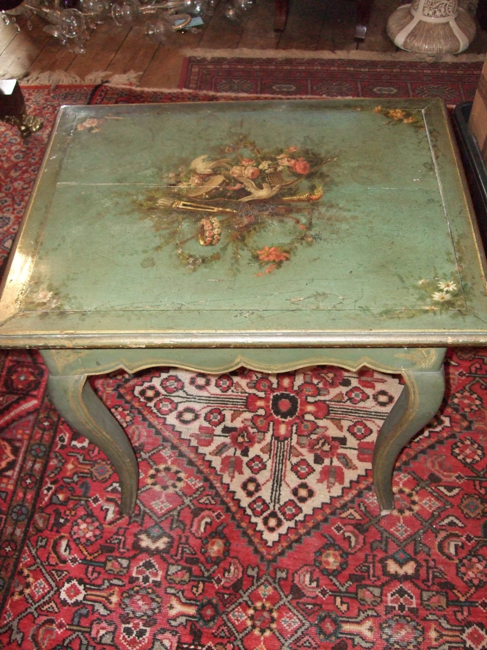 19thC Possibly Venetian Green Painted & Floral Classically Painted Centre Table