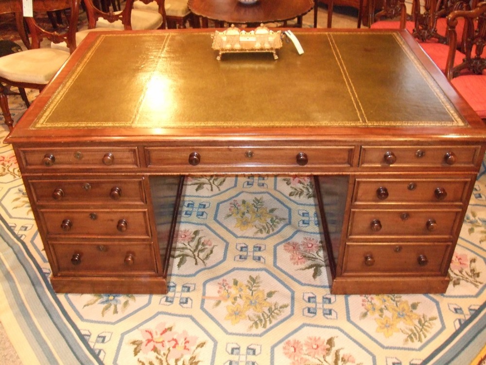 Superb 19thC Mahogany Partners Desk with Green & Gold Tooled Leather Top