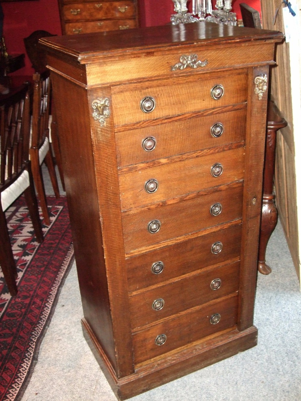 Edwardian Oak Wellington Chest with Brass Motifs & Handles