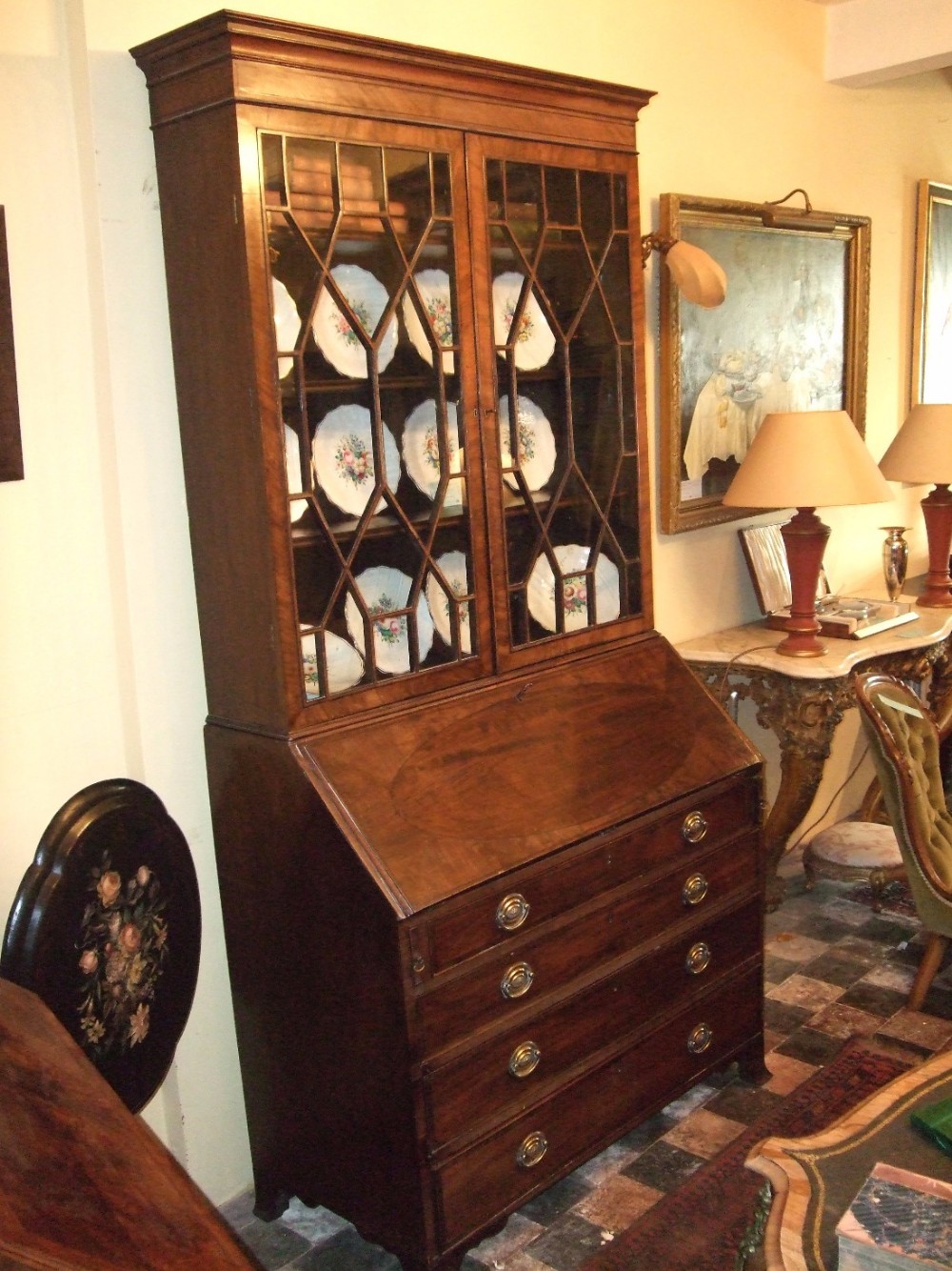 George 3rd Inlaid Mahogany Bureau Bookcase with Secret Compartments.