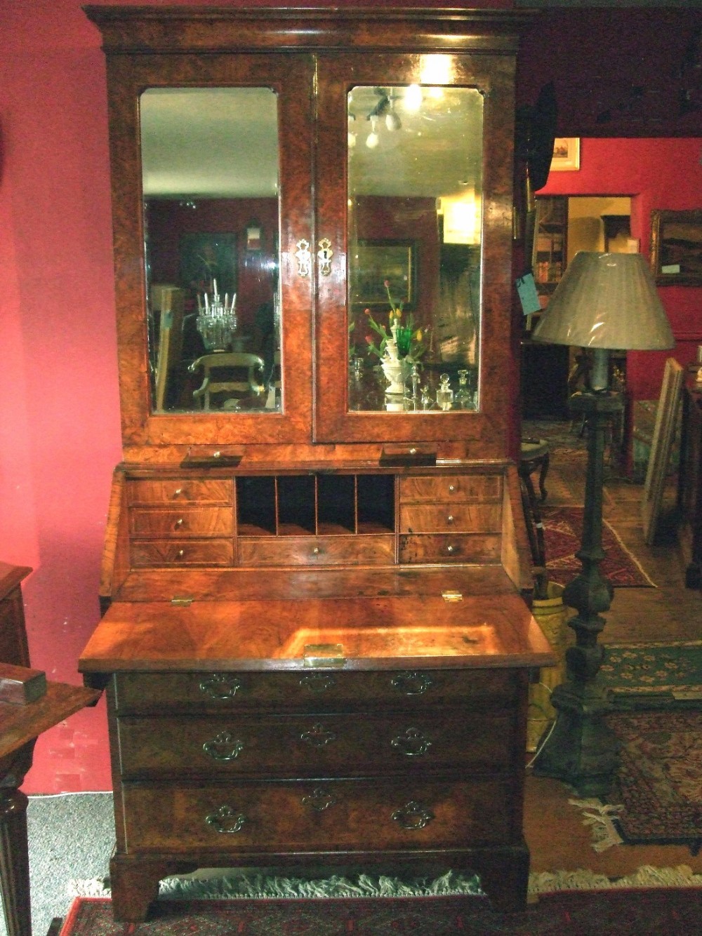 George 1st Period Walnut Bureau Bookcase with Candle Slides