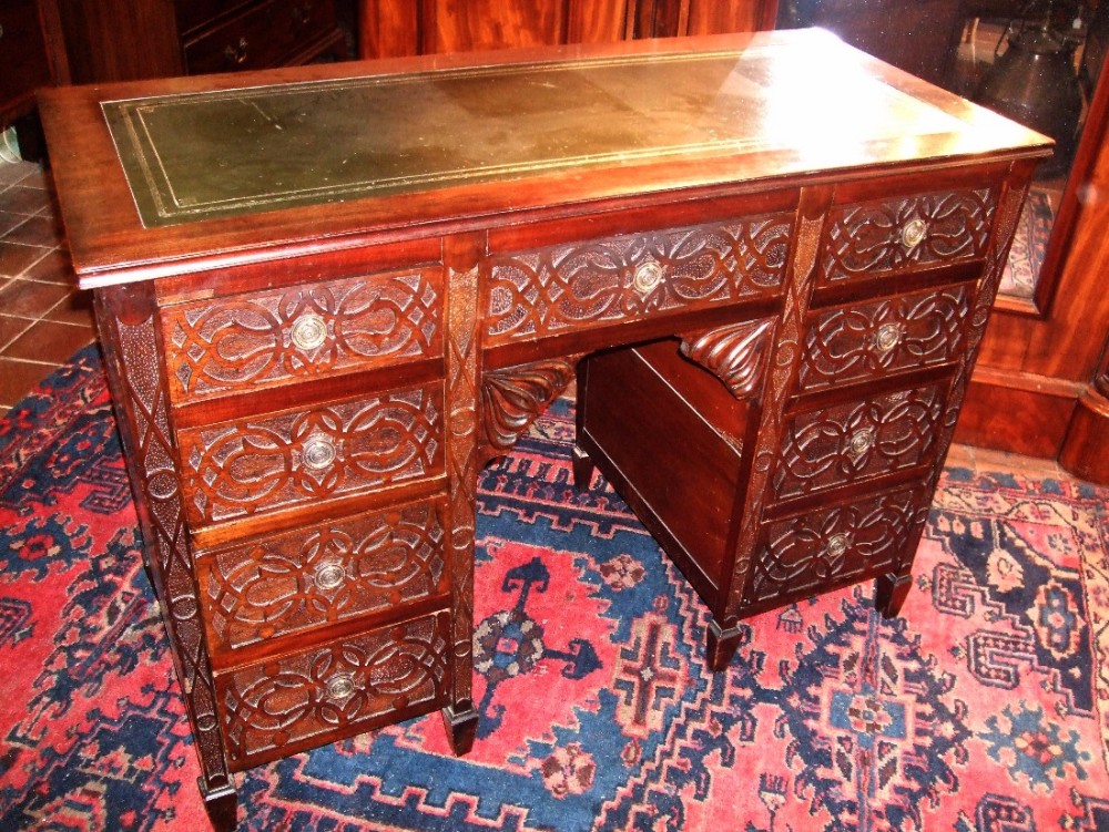 Victorian Carved Mahogany Pedestal Desk with Leather Top